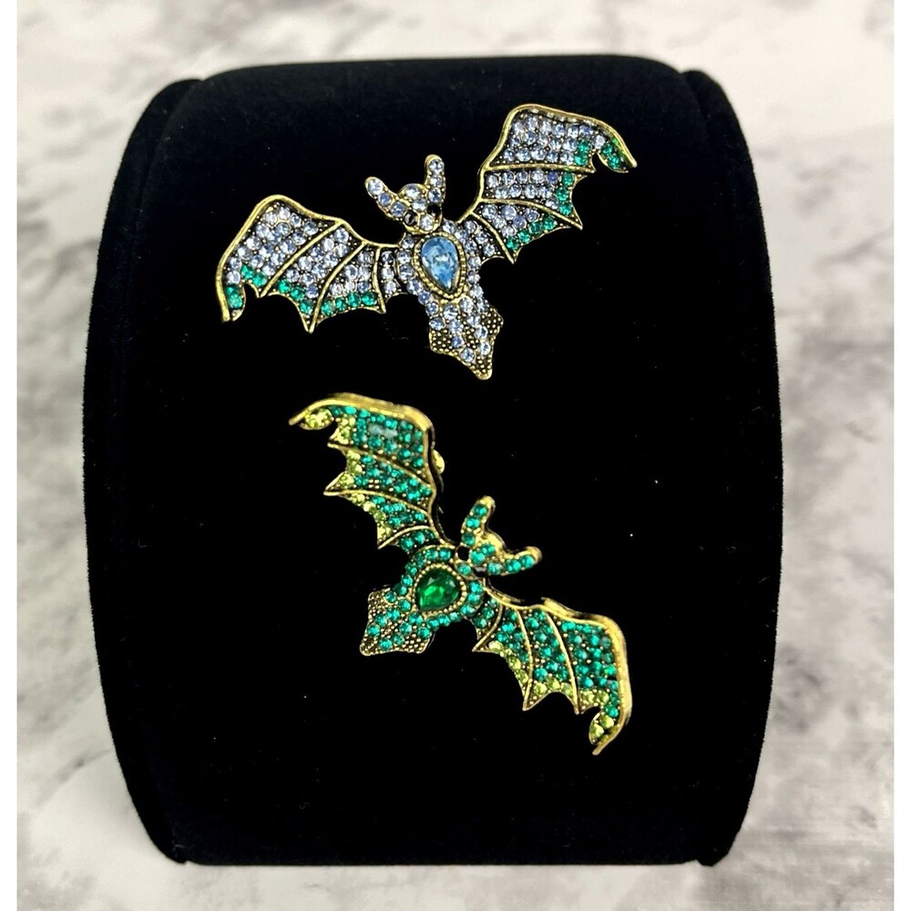 2 Rhinestone Bat Brooch Pins Halloween Gothic Blue Green Gold tone
